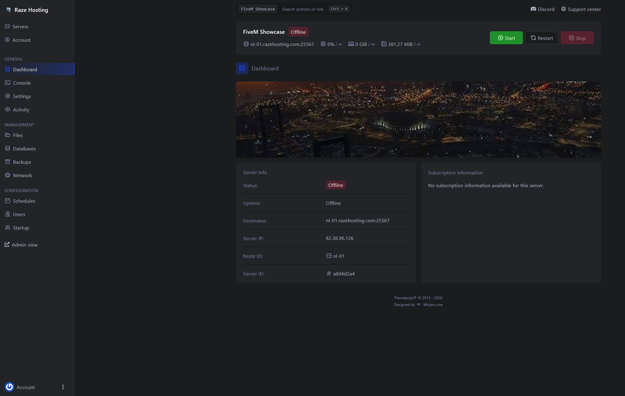 Raze Hosting control panel dashboard